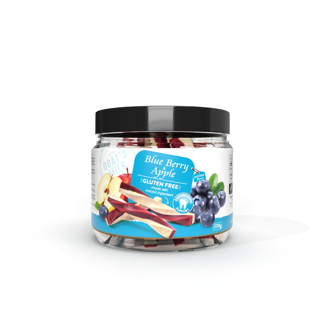 Дентално лакомство за кучета DOG SNACKS 2в1 , козе мляко, боровинка и ябълка - 220гр.