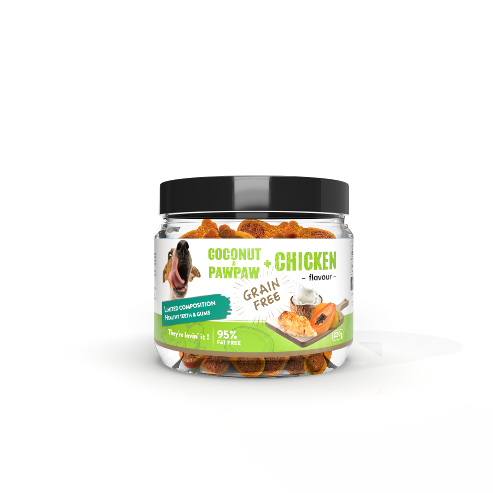 Дентално лакомство за кучета DOG SNACKS с пиле, кокос и папая - 220гр.