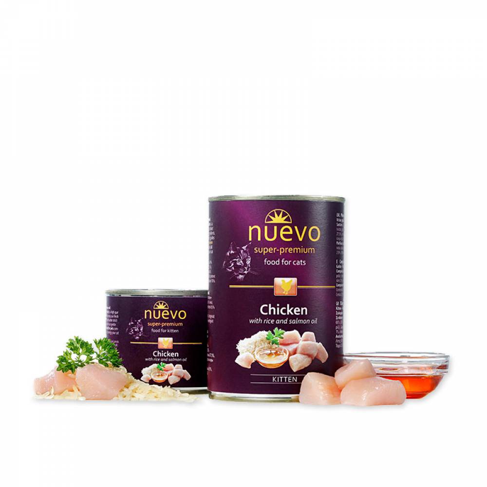 NUEVO super-premium Kitten консерва за подрасващи котки - Пиле с ориз 400 гр