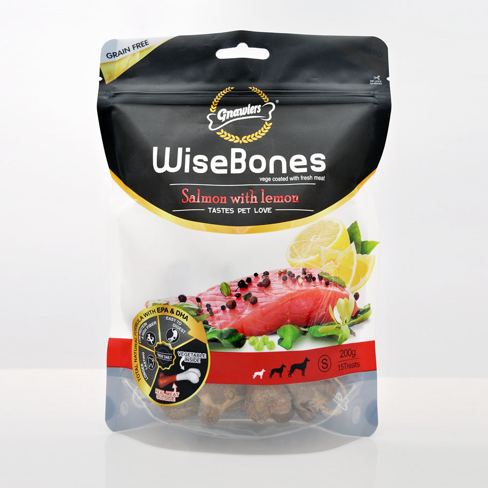 Лакомство за кучета GNAWLERS WiseBones , със сьомга и лимон - 200гр./15бр.